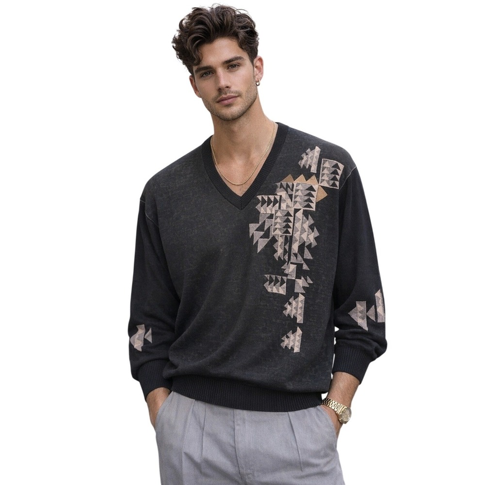 New‎ Gabicci Vintage Mens XL Black Geometric V-Neck Sweater Made in Italy